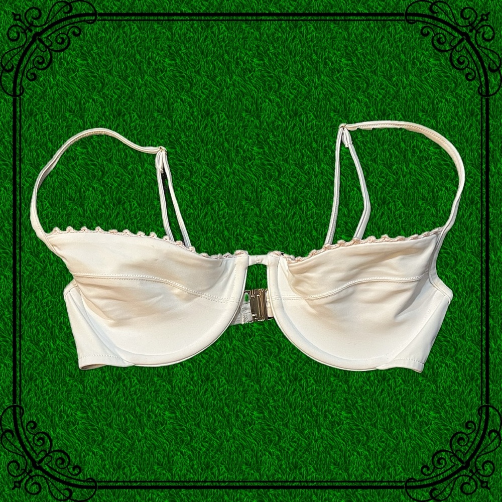 Pure white “Bella” bikini top with a light pink trim on the top by Bamba